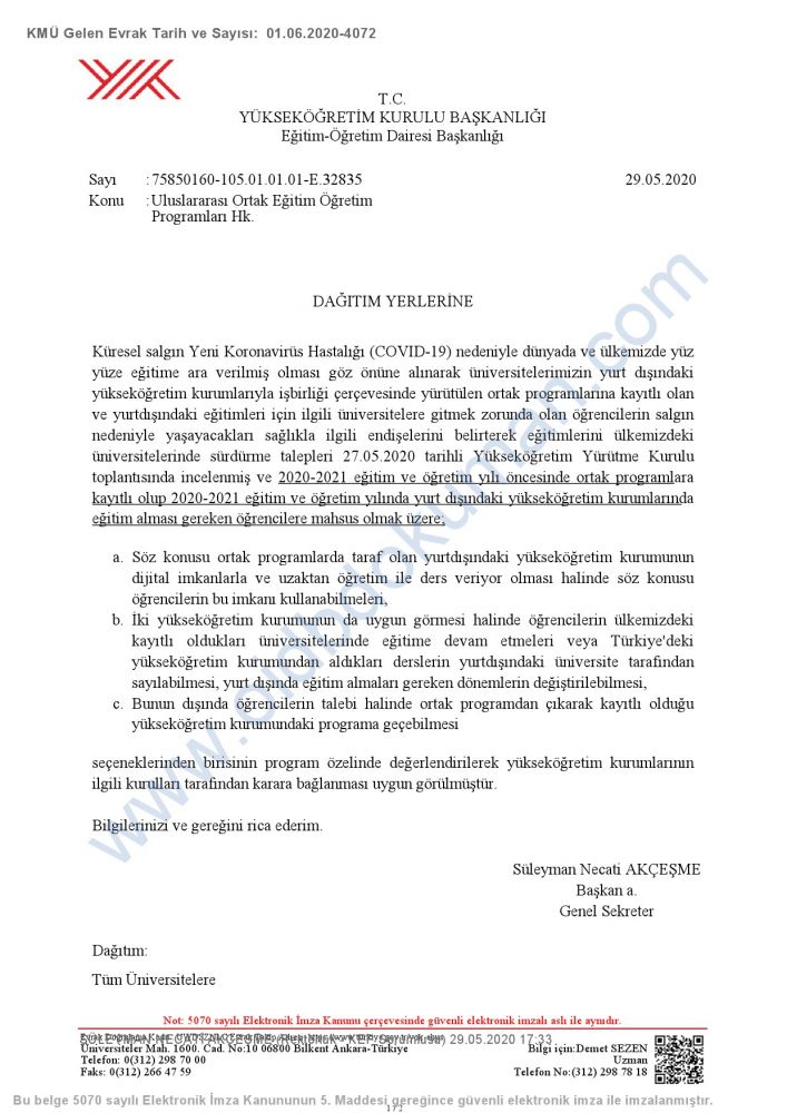 ULUSLARARASI ORTAK EĞİTİM ÖĞRETİM PROGRAMLARI HK. (29.05.2020)